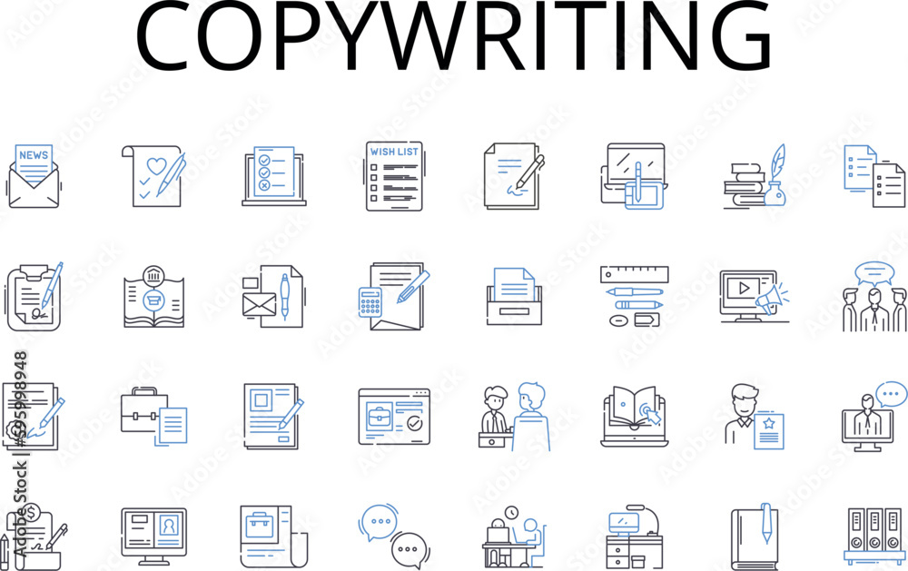 Copywriting line icons collection. Content writing, Blogging, Article writing, Web writing, Marketing writing, Technical writing, Creative writing vector and linear illustration. Communications Copywriting line icons collection. Content writing, Blogging, Article writing, Web writing, Marketing writing, Technical writing, Creative writing vector and linear illustration. Communications