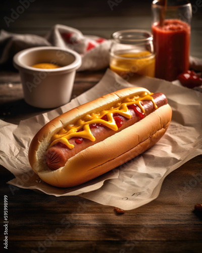 Hot dog with mustard, ketchup and pickles on a dark background