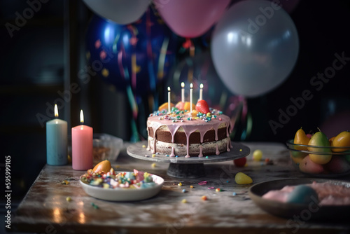 Birthday Cake with Candles on a Table.Generative Ai
