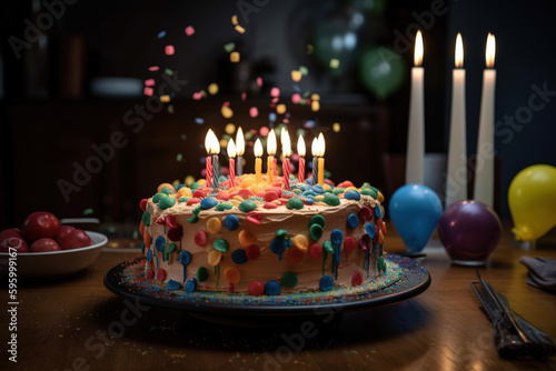 Birthday Cake with Candles on a Table.Generative Ai