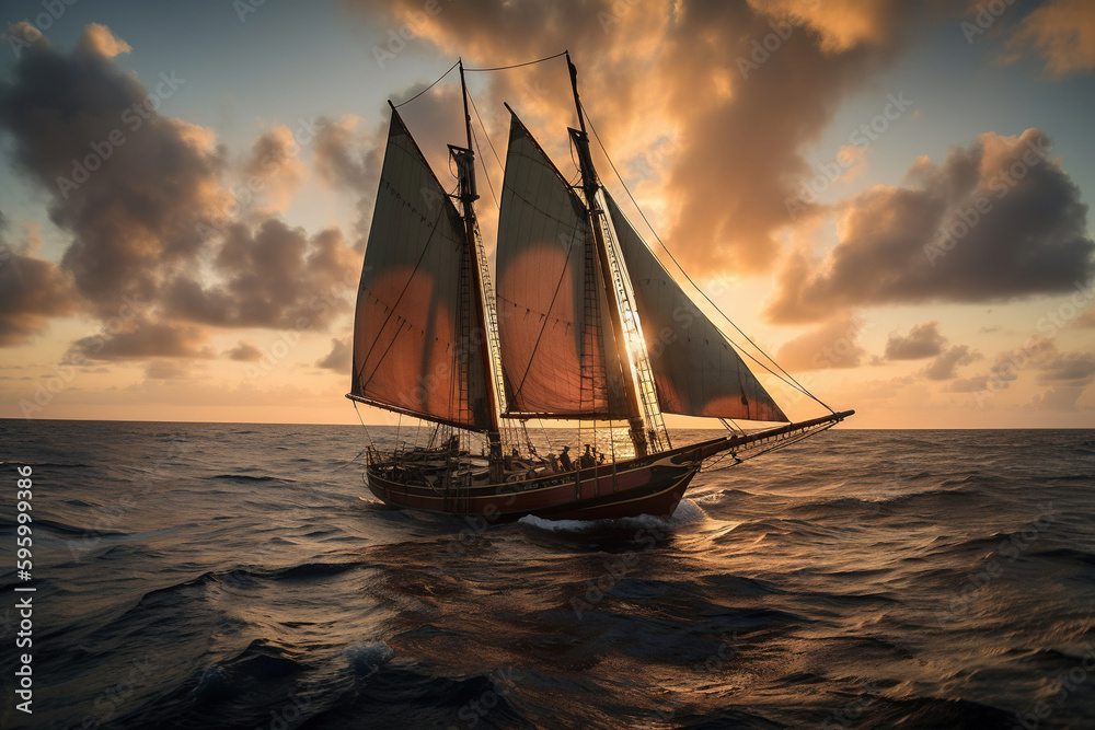 Fototapeta premium Sailboat in the Ocean at Sunset. Generative Ai