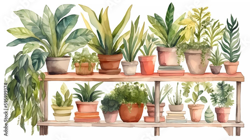 Drawing of plants in pots on a shelf. Colorful plants isolated on a white background. Collection of house plants for crafts, scrapbooking or art projects.