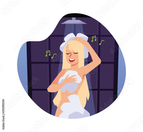 Happy woman singing in shower flat style, vector illustration