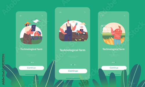 Technological Farm Mobile App Page Onboard Screen Template. Farmers Work On Smart Farm With Iot Tech Vector Illustration