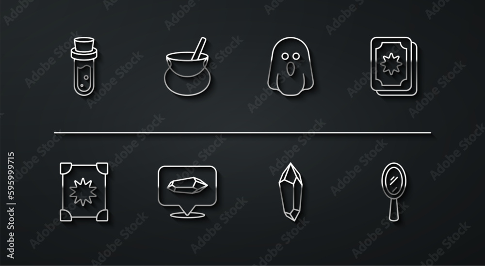 Set line Bottle with potion, Ancient magic book, Tarot cards, Magic stone, Witch cauldron, hand mirror and Ghost icon. Vector