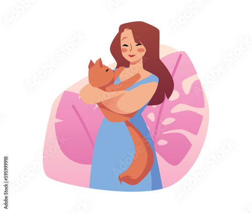 Cute smiling woman holding red cat flat style, vector illustration