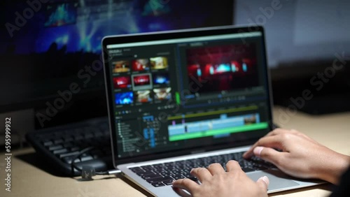 Work in the program for video editing on personal computer or laptop close up. Navigation in a computer program. Cursor movement. Work in the home office.
