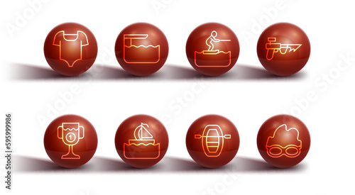 Set line Swimsuit, Award cup, Fishing harpoon, Boat with oars, Yacht sailboat, Diving board or springboard, Glasses for swimming and Water skiing man icon. Vector