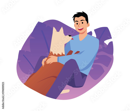 Happy man cuddling his emotional support dog, flat vector illustration isolated on white background.