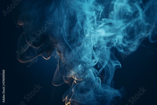 Blue misty dark background with smoke, fog, blue spotlights, neon and empty abstract feeling. Generative AI
