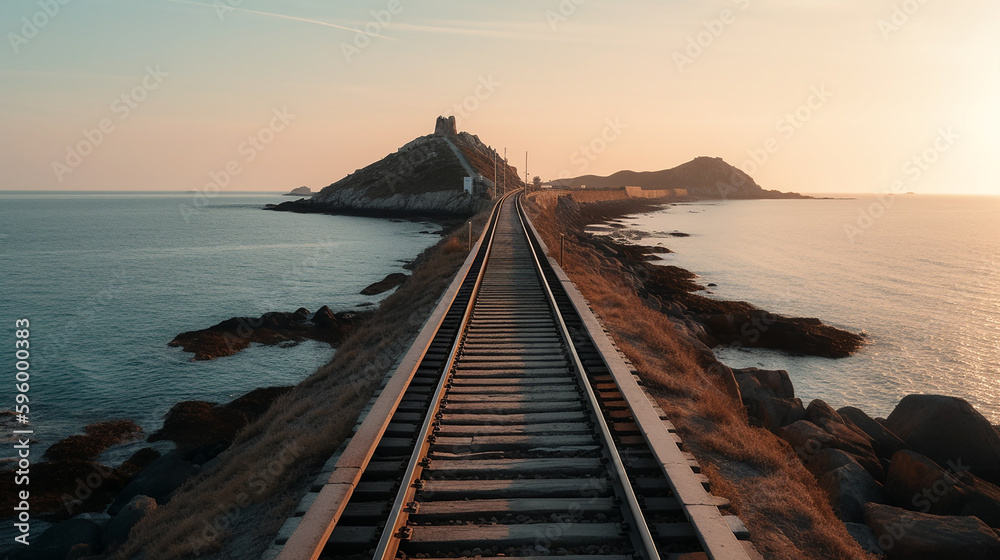 Railroad track on a railroad embankment passing through an ocean. Generative Ai
