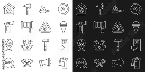 Set line Fire extinguisher, exit, cone bucket, Pan with fire, hose reel, burning house and flame triangle icon. Vector