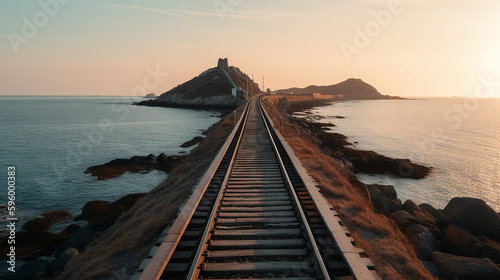 Railroad track on a railroad embankment passing through an ocean. Generative Ai