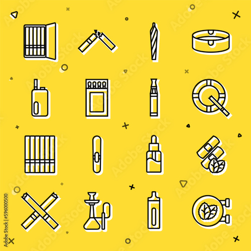 Set line Tobacco leaf shop, Medical nicotine patches, Ashtray with cigarette, Marijuana joint, spliff, Matchbox and matches, Electronic, Cigarette case and icon. Vector