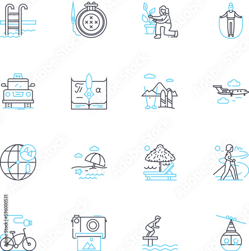 Wilderness hike linear icons set. Trekking, Exploration, Nature, Adventure, Trailblazing, Scenic, Serenity line vector and concept signs. Solitude,Backpacking,Summit outline illustrations