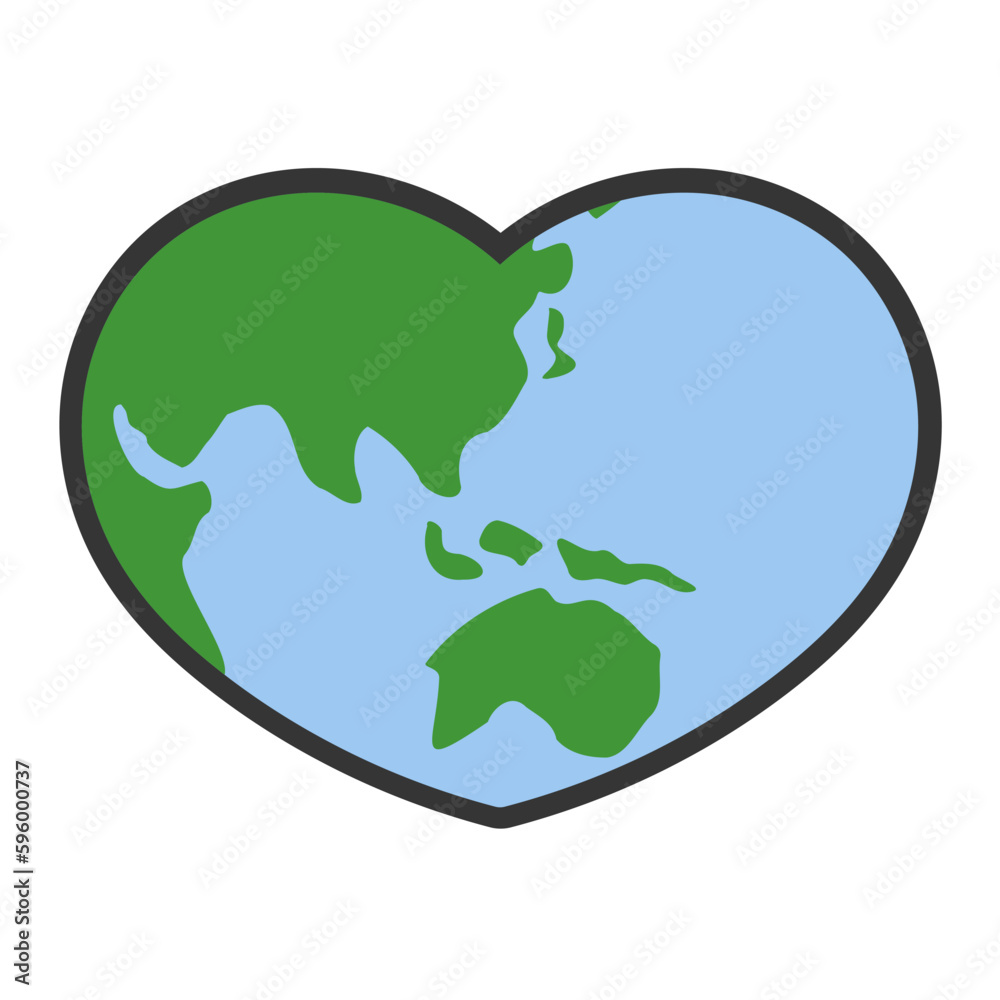 Heart shaped planet earth icon. Save the world. Eco friendly environmental message. Love. Map centered in Australia and East Asia. Heart shaped planet earth icon. Save the world. Eco friendly environmental message. Love. Map centered in Australia and East Asia.