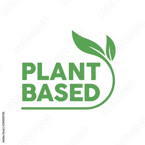 Plant based logo. Circular shape base with plant leaf. Vegan and vegetarian friendly badge.