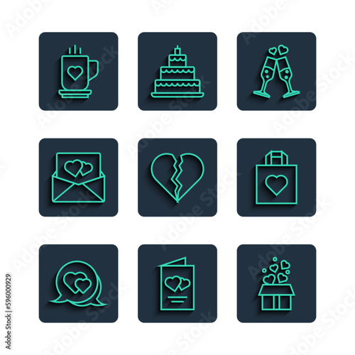 Set line Heart in speech bubble, Valentines day flyer, Gift box with hearts, Glass of champagne, Broken or divorce, Envelope, Coffee cup and and Shopping bag icon. Vector