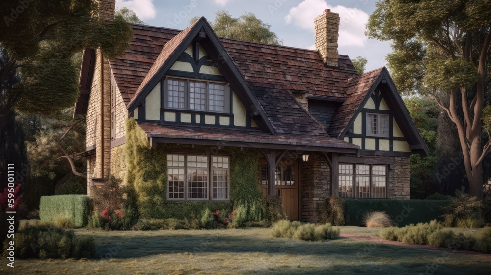 English cottage exterior house design in daytime golden hour generative ai