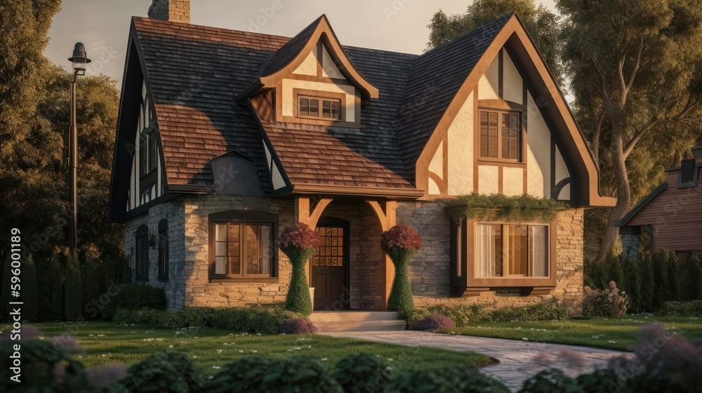 English cottage exterior house design in daytime golden hour generative ai