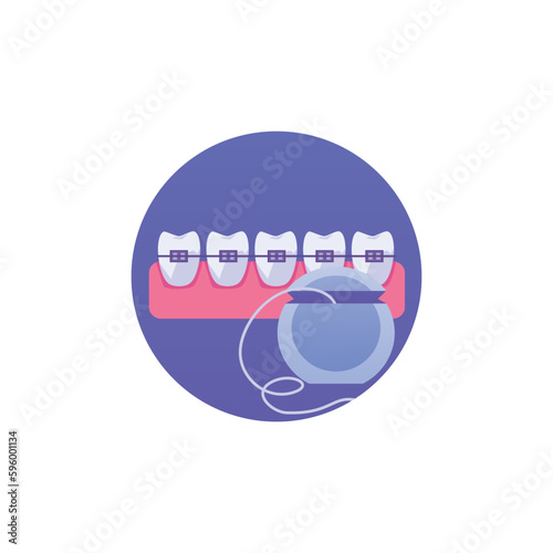 Round icon row of teeth with braces and dental floss flat style