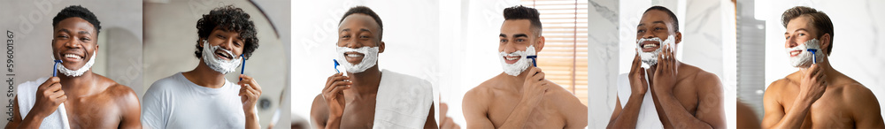 Collage With Diverse Young Men Shaving Near Mirror In Bathroom