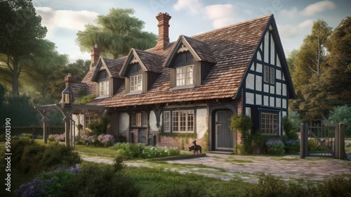 English cottage exterior house design in daytime golden hour generative ai