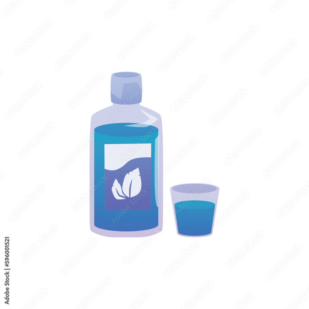 Mouthwash blue bottle and glass with liquid flat style Mouthwash blue bottle and glass with liquid flat style