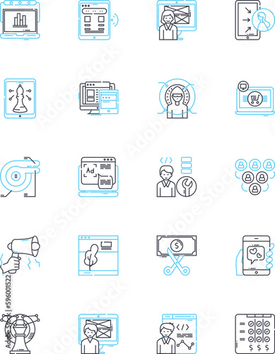 Search engine visitors linear icons set. Queries, Results, Rankings, Algorithms, SERP, Optimization, Traffic line vector and concept signs. Keywords,Analytics,Clickthroughs outline illustrations