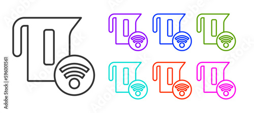 Black line Smart electric kettle system icon isolated on white background. Teapot icon. Internet of things concept with wireless connection. Set icons colorful. Vector