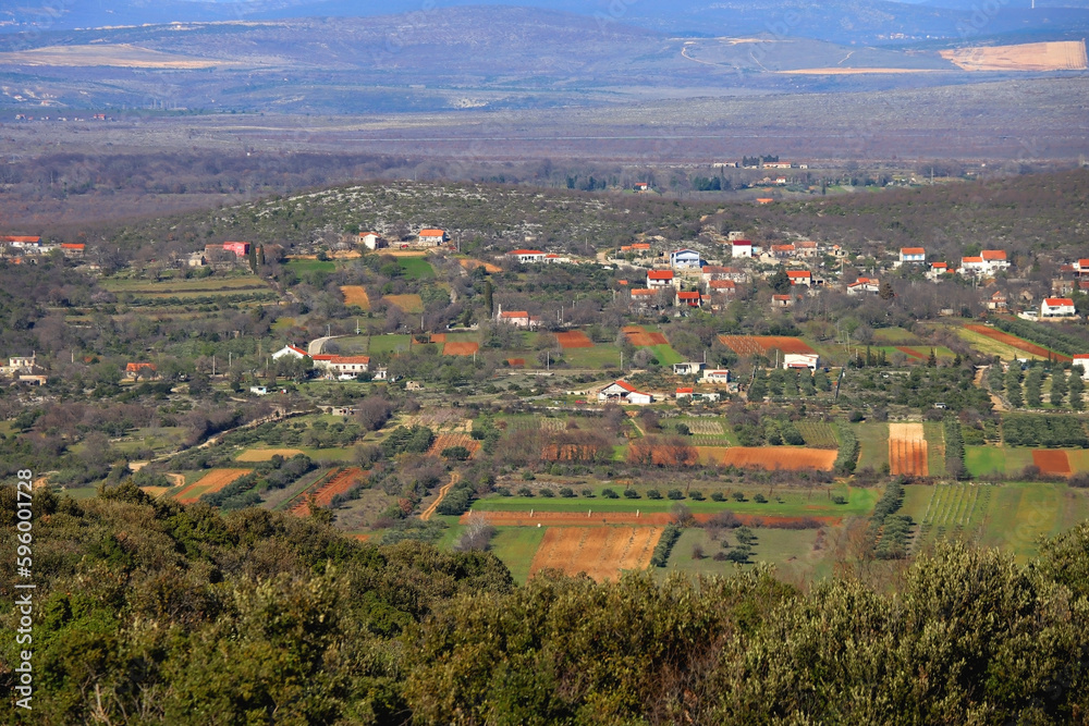 Agricultural fields in village Vrana, south Croatia. early spring, aerial view.