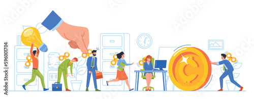 Huge Hand Starting Springs of Employee Characters Clockwork Toys Group. Boss Fostering Motivation And Productivity
