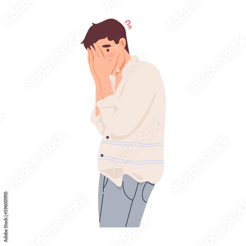 Young man feel shy or embarrassed. Unhappy man afraid of failure. Man with closed eyes palm sensitive to negative thoughts. The man hides his face ashamed, frightened, anxious. Flat vector