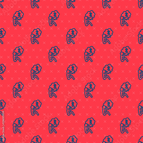Blue line Man graves funeral sorrow icon isolated seamless pattern on red background. The emotion of grief, sadness, sorrow, death. Vector