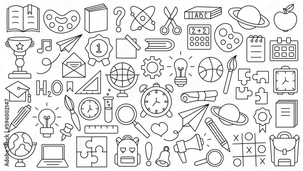 Back to school. Set of editable stroke icons of office supplies for studying at school. Collection isolated education kids accessory. vector object stuff design. graphic patch element children study Back to school. Set of editable stroke icons of office supplies for studying at school. Collection isolated education kids accessory. vector object stuff design. graphic patch element children study