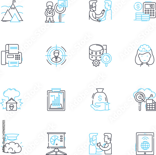 Fiscal realm linear icons set. Budget, Taxation, Debt, Revenue, Deficit, Inflation, Capital line vector and concept signs. Expenditure,Fraud,Auditing outline illustrations