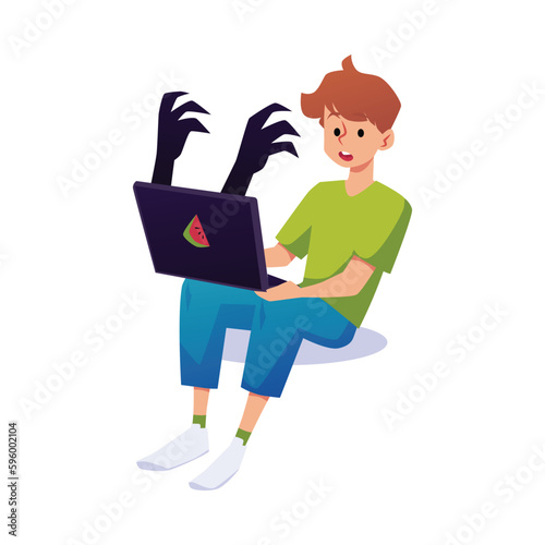 Frightened boy holds laptop with angry hands sticking out of screen, flat vector illustration isolated on white.