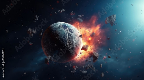Fototapeta Naklejka Na Ścianę i Meble -  Planet Destroyed in the space surrounding with stars, flares, asteroids, cosmic background, Apocalypse explosion star, death planet scene, with Generative Ai.