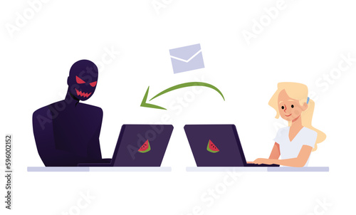 Girl sending personal information to anonymous stranger, flat vector illustration isolated on white background.