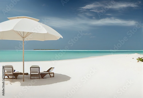Chairs And Umbrella In Tropical Beach  Seascape Banner. Vacation  holiday  summer creative concept