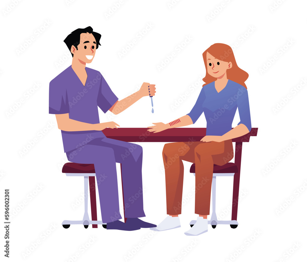 Smiling doctor man making allergy test to woman patient flat style