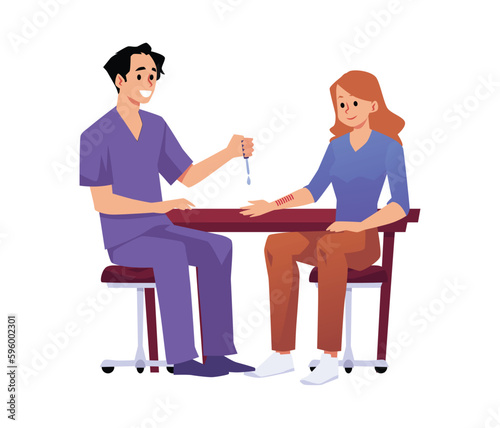 Smiling doctor man making allergy test to woman patient flat style
