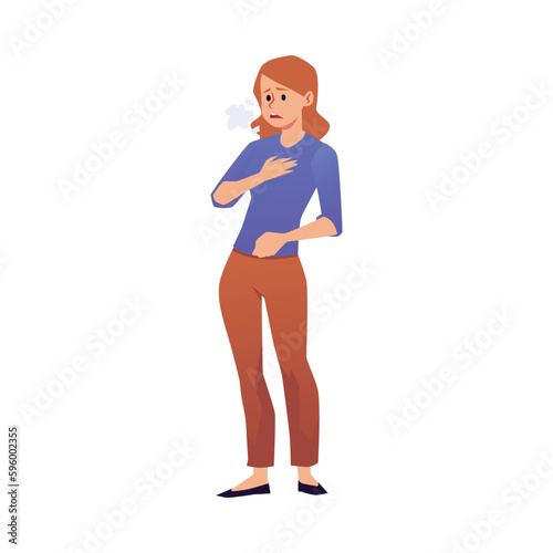 Sad woman with allergy dyspnea symptom flat style, vector illustration