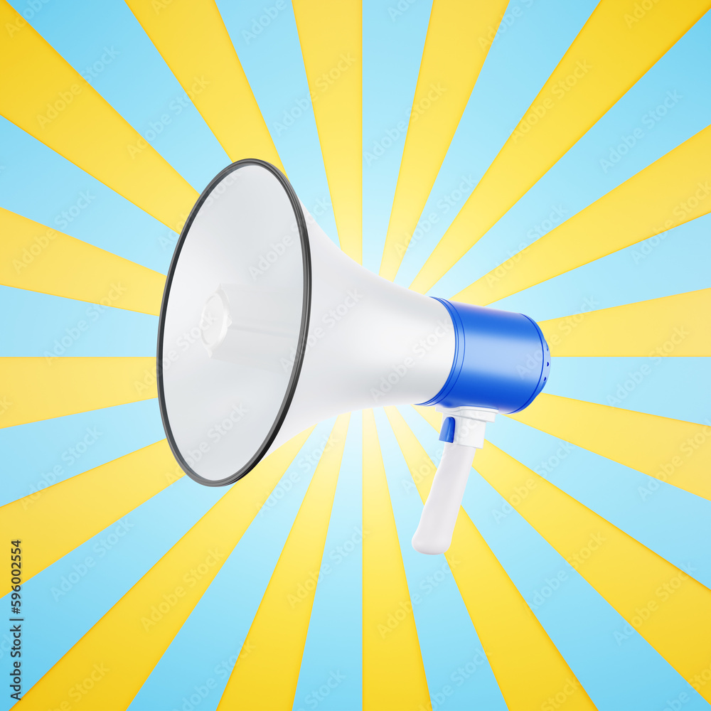 white and blue bullhorn yellow and blue promotional label background or poster sign or presentation sticker with a blue white megaphone