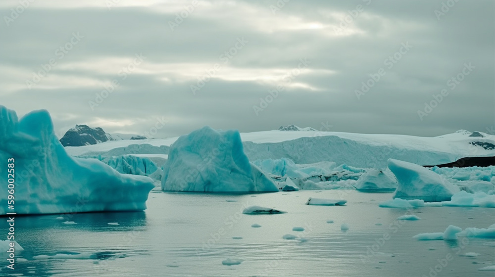 Melting of the Arctic Ice Caps - Icebergs in Antarctica Representing Global Warming and Climate Change - Generative AI