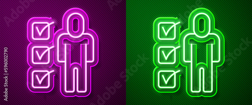 Glowing neon line Resume icon isolated on purple and green background. CV application. Searching professional staff. Analyzing personnel resume. Vector