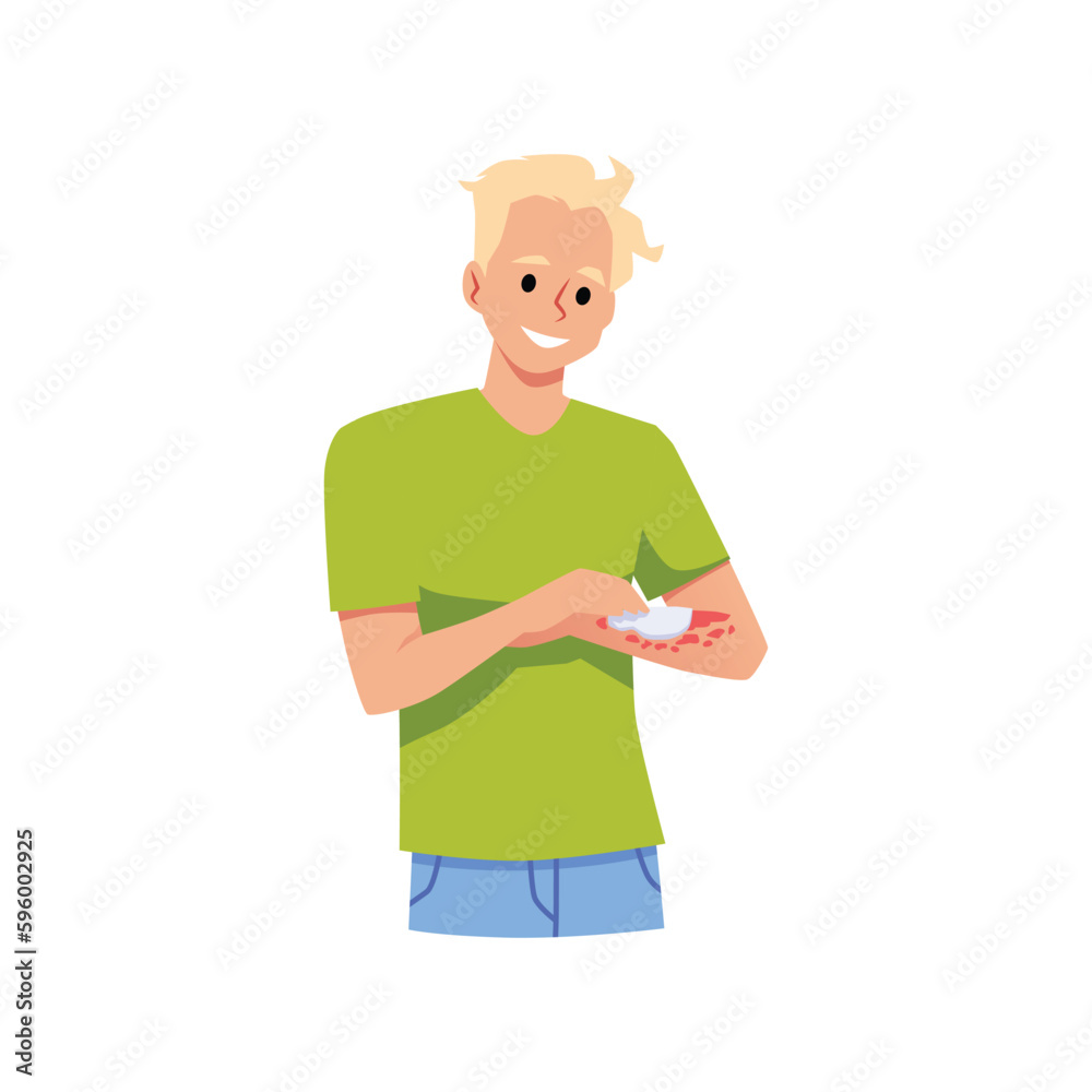 Happy man applying cream for eczema treatment, flat vector illustration isolated on white background. Happy man applying cream for eczema treatment, flat vector illustration isolated on white background.