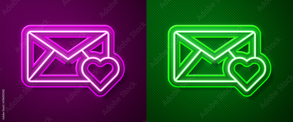 Glowing neon line Envelope with Valentine heart icon isolated on purple and green background. Message love. Letter love and romance. Vector Glowing neon line Envelope with Valentine heart icon isolated on purple and green background. Message love. Letter love and romance. Vector