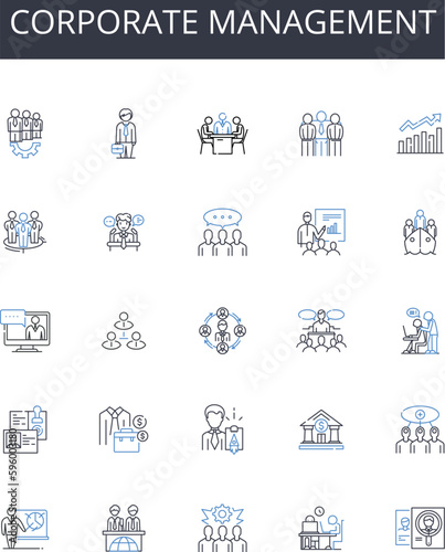 Corporate Management line icons collection. Executive Leadership, Business Administration, Company Governance, Organizational Direction, Team Management, Authorities Management, Command Hierarchy