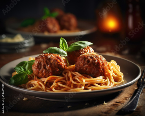 Spaghetti with meatballs and tomato sauce on a dark background.